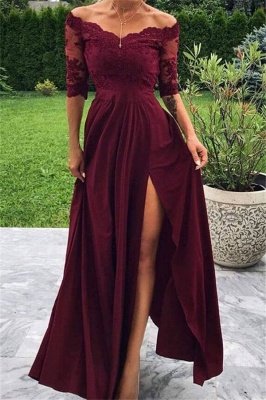 Burgundy Off-The-Shoulder Lace Appliques Side-Slit A-Line Prom Dresses_1