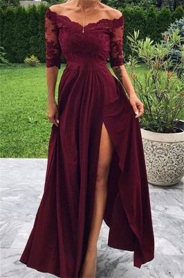 Robe de soirée asymétrique bordeaux à lacets appliqués en dentelle_1