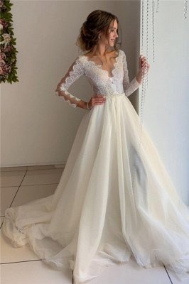 Gorgeous Lace V-Neck Long Sleeves A-Line Prom Dresses_1