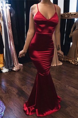 Sexy Burgundy Spaghetti-Straps Sleeveless Mermaid Prom Dresses_1