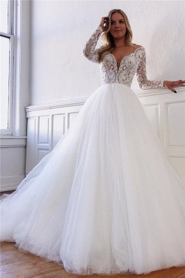 Long Sleeve Wedding Dresses Elegant | Vintage Fluffy Tulle Lace Bridal Gowns_1