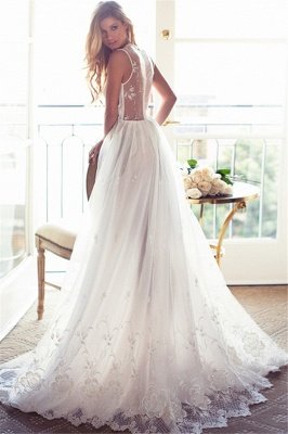 A-Line Sleeveless Gorgeous Princess Lace Custom Made V-Neck Wedding Dresses_3