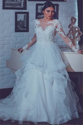 Open Back Lace Appliques Wedding Dresses with Sleeves | Tiered Ruffles Tulle Sexy Bridal Gowns_2