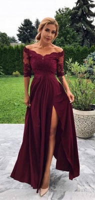 Burgundy Off-The-Shoulder Lace Appliques Side-Slit A-Line Prom Dresses_2