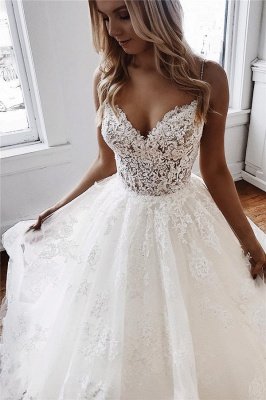 Sexy Spaghetti Straps Lace Appliques  Wedding Dresses | Puffy Tulle Sleeveless Bridal Gowns_1