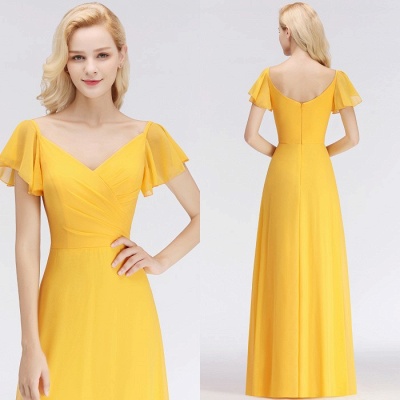 Vestido de dama de honor largo hasta el suelo barato de manga corta amarillo simple_5