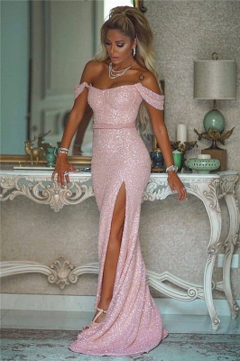Sexy Off-the-Shoulder Front-Slit Sparkly Beading Long Evening Dress_1