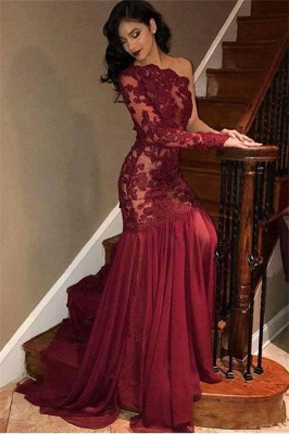 Sexy Tulle Lace One-Shoulder Long Sleeve Burgundy Evening Dress_1