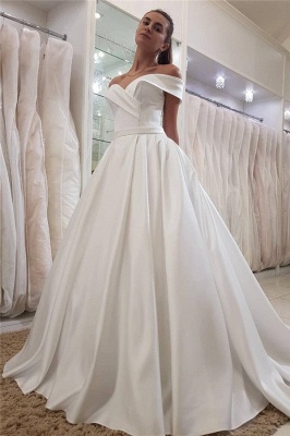 Simple Off The Shoulder Sweetheart Sleeveless Ruffles  Satin Wedding Dresses_1