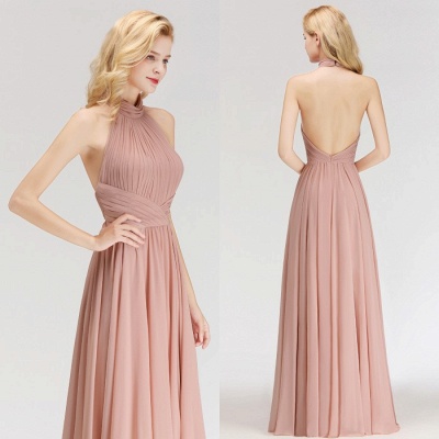 Sleeveless A-line Fashion Floor-length Chiffon Backless Halter Bridesmaid Dress_5