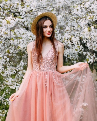 Wonderful Tulle Beading V-Neck Pink Evening Dress_2