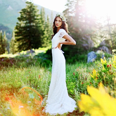 Elegant Lace Appliques Short Sleeve Sheath Wedding Dresses Cheap Online_2