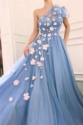 Chic Tulle One-Shoulder Flowers Long Evening Dress_2