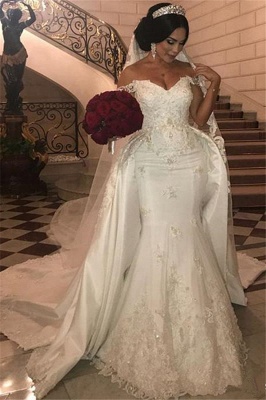 Appliques de dentelle chérie hors- la-épaule longue robe de mariée avec train détachable_1