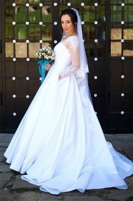 Sexy Tulle Jewel Long Sleeve Applqiues  Wedding Dresses with Pockets_1