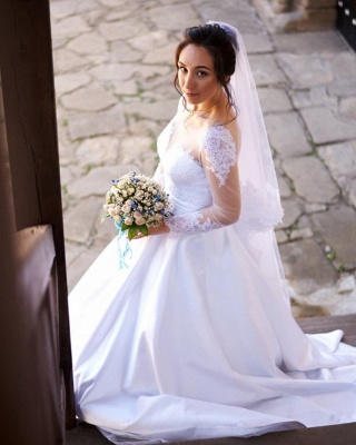 Tulle bijou chic robe de mariée applqiues à manches longues avec poches_3