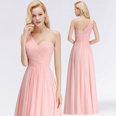 Pink One-Shoulder Modest Sleeveless Ruffled Zipper Floor-length Bridesmaid Dress_5