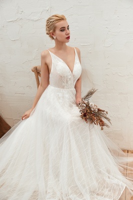 Schönes Aline-Hochzeitskleid mit V-Ausschnitt, ärmelloses Strandhochzeitskleid mit Blumenmuster_4