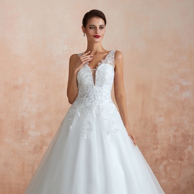 White Floral Lace Wedding Dress V-NeckTulle Aline Bridal Dress_9