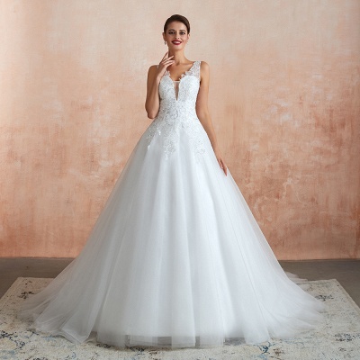 White Floral Lace Wedding Dress V-NeckTulle Aline Bridal Dress_8