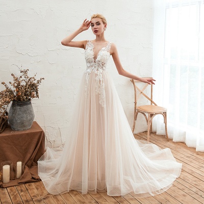 Elegant Aline Tulle Wedding Dress Scoop Neck Sleeveless Long Bridal Dress_6