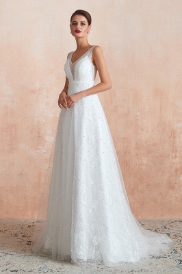White Pearls Aline Wedding Dress Sleeveless V-Neck Bridal Dress_5