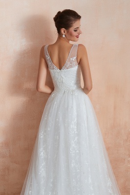 Simple V-Neck A-line Wedding Dress with Straps Tulle Floral Lace Long Dress for Bride_10