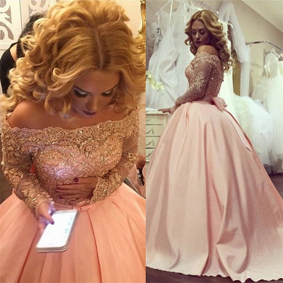 Gold-Lace Bowknot Off-the-Shoulder Ball-Gown Long-Sleeves Prom Dresses_4