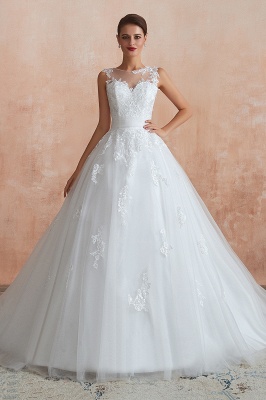 Scoop Neck Tulle Lace Appliques Wedding Dress Sleeveless Aline Bridal Dress_2