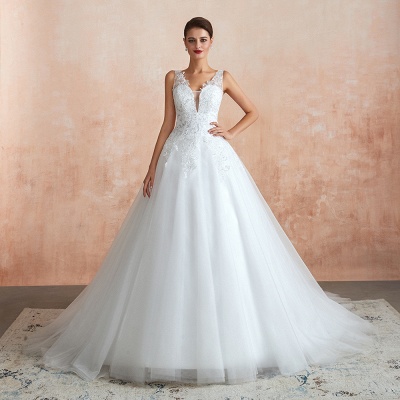 White Floral Lace Wedding Dress V-NeckTulle Aline Bridal Dress_5