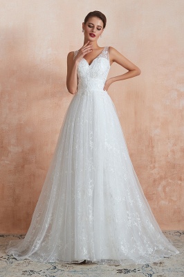 Simple V-Neck A-line Wedding Dress with Straps Tulle Floral Lace Long Dress for Bride_4