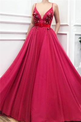 Sexy Spaghettiträger mit V-Ausschnitt Burgund Prom Dress | Chic Tüll Blume Perlen lange Abendkleid mit Schärpe_1