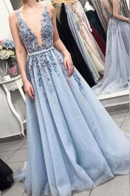 Sexy Träger Tiefem V-Ausschnitt Langes Abendkleid | Exquisite Spitze Perlen blau Abendkleid_1