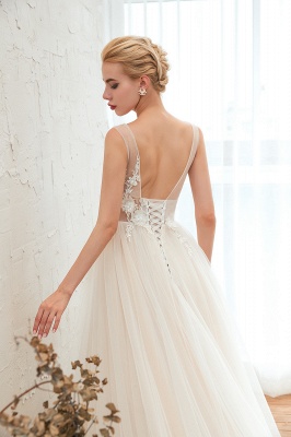 Chic V-Neck Straps Aline Wedding Dress Floral Pattern Garden Bridal Dress with Sweep Train_9