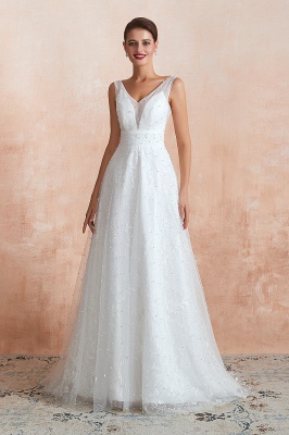 White Pearls Aline Wedding Dress Sleeveless V-Neck Bridal Dress_4