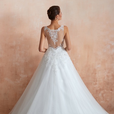White Floral Lace Wedding Dress V-NeckTulle Aline Bridal Dress_10
