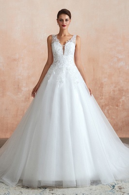 White Floral Lace Wedding Dress V-NeckTulle Aline Bridal Dress_2