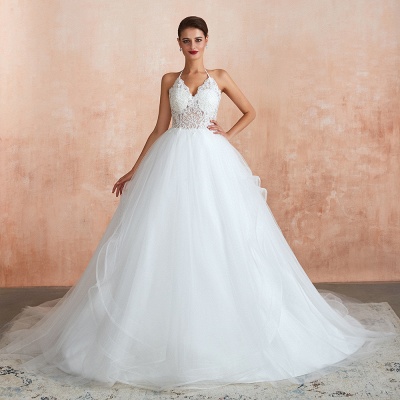 Amazing Halter Floral Lace Aline Wedding Dress Backless Tulle Bridal Gown_1