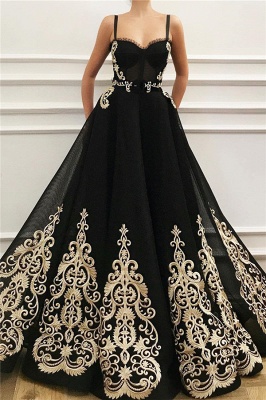 Robe de bal en tulle noire avec bretelles pas chères | Charmantes appliques de champagne sans manches longue robe de bal_1