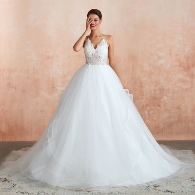 Amazing Halter Floral Lace Aline Wedding Dress Backless Tulle Bridal Gown_4