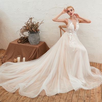 Elegant Aline Tulle Wedding Dress Scoop Neck Sleeveless Long Bridal Dress_9