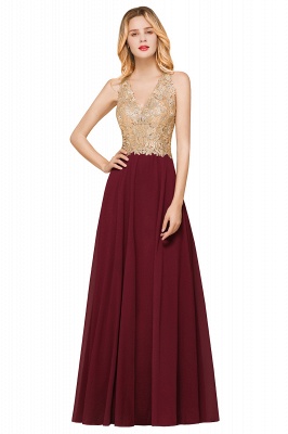 Elegant Aline Chiffon Long Evening Dress Sleeveless Gold Appliques Wedding Party Dress_7