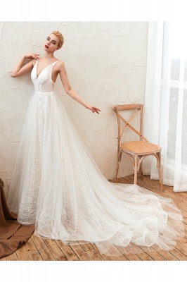 Schönes Aline-Hochzeitskleid mit V-Ausschnitt, ärmelloses Strandhochzeitskleid mit Blumenmuster_7