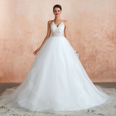 Amazing Halter Floral Lace Aline Wedding Dress Backless Tulle Bridal Gown_5