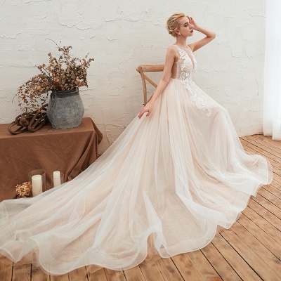 Elegant Aline Tulle Wedding Dress Scoop Neck Sleeveless Long Bridal Dress_5