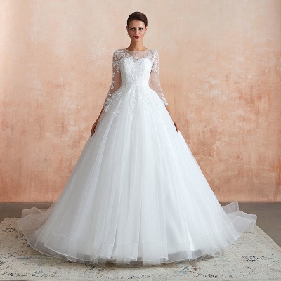 Elegant 3/4 Sleeves Aline Wedding Dress Tulle Lace Appliques Bridal Dress_5