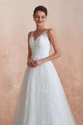 Einfaches A-Linien-Hochzeitskleid mit V-Ausschnitt und Trägern, Tüll, Blumenspitze, langes Kleid für die Braut_8