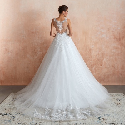 White Floral Lace Wedding Dress V-NeckTulle Aline Bridal Dress_7