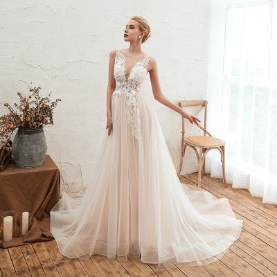 Elegant Aline Tulle Wedding Dress Scoop Neck Sleeveless Long Bridal Dress_8