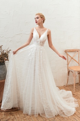 Schönes Aline-Hochzeitskleid mit V-Ausschnitt, ärmelloses Strandhochzeitskleid mit Blumenmuster_1